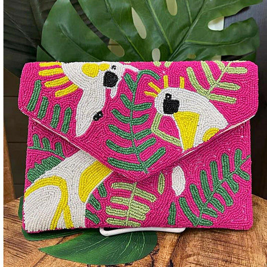 Pink Parrot Tropical Beaded Crossbody Clutch Handbag
