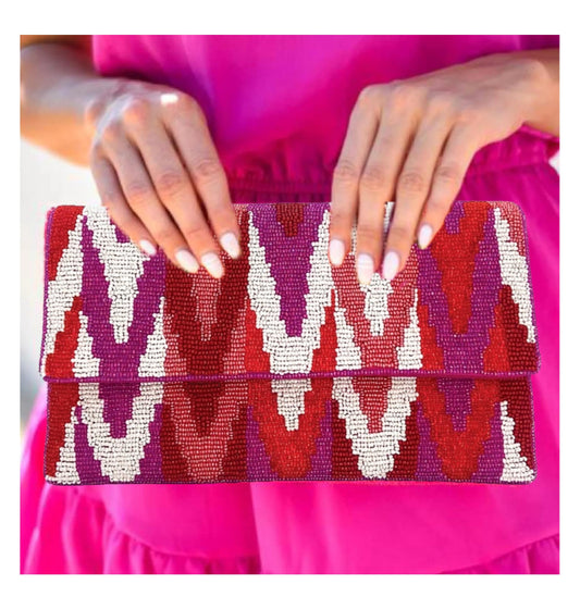 Fuchsia Pink Aztec Beaded Crossbody Clutch Handbag