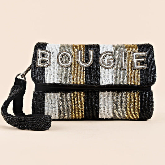 Bougie Wristlet Clutch Black Gold Beaded Handbag