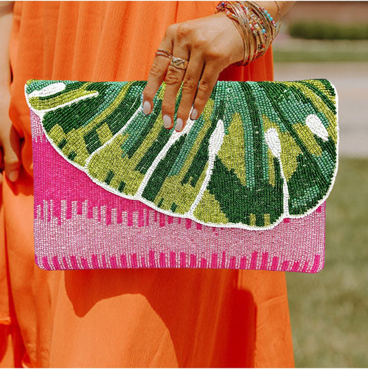 Pink Green Watermelon Beaded Crossbody Clutch Handbag