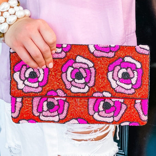 Red Rose Beaded Clutch Crossbody Handbag