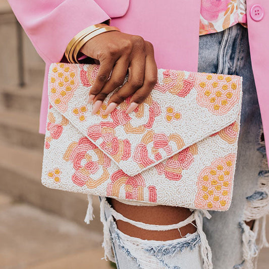 Coming Up Roses Beaded Crossbody Clutch Pink Handbag