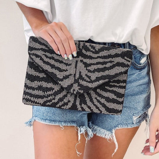 Black Zebra Striped Beaded Crossbody Clutch Handbag