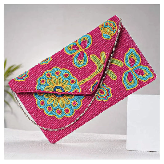 Abstract Floral Seed Beaded Crossbody Chain Clutch Bag