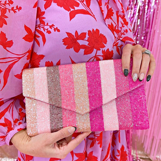 Pink Rainbow Striped Beaded Crossbody Clutch Handbag