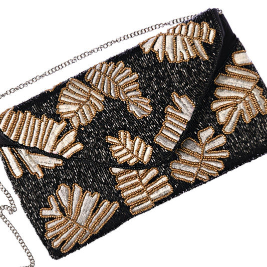 Black Gold Palm Leaf Beaded Crossbody Clutch Handbag