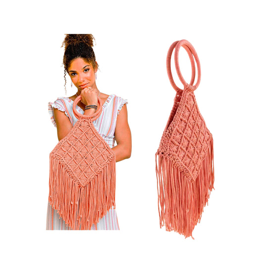 Coral Macrame Crochet Knit Beaded Fringe Boho Tote Bag