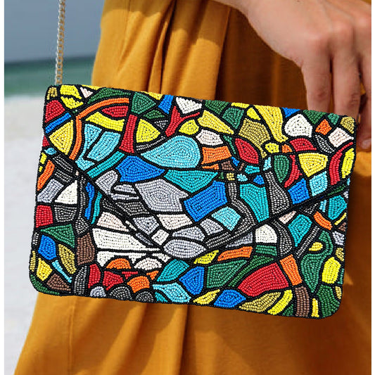 Stained Glass Mosaic Seed Beaded Clutch Crossbody Bag