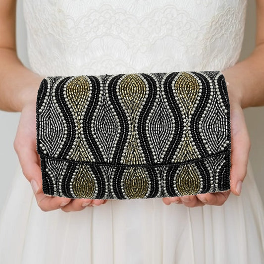 Fully Beaded Black Gold Glam Metallic Crossbody Clutch Handbag