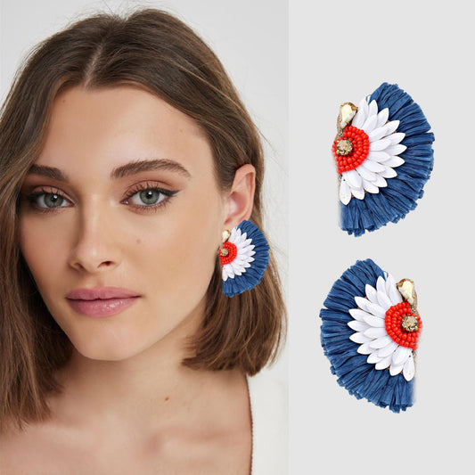 American USA Patriotic Raffia Fan Earrings