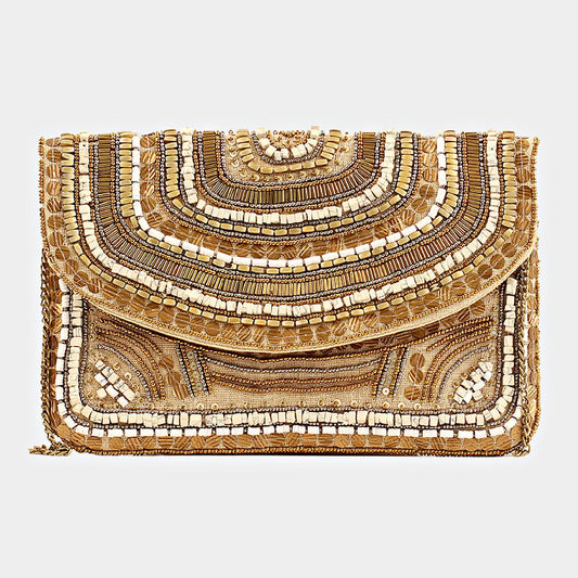 Beaded Natural Stone Beige Crossbody Clutch Handbag