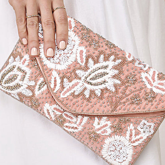 Make Me Blush Beaded Raffia Crossbody Clutch Handbag