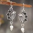 Botanical Bird on a Branch Silver Beaded Drop Earrings