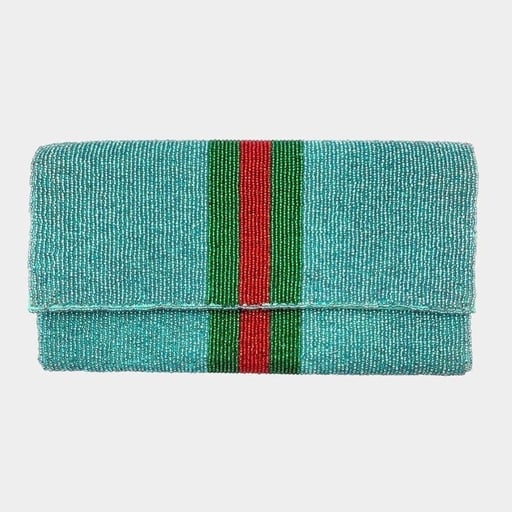 Turquoise Green Red Striped Beaded Crossbody Clutch Handbag