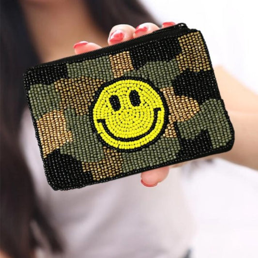 CAMO SMILEY EMOJI Beaded Coin Storage Pouch