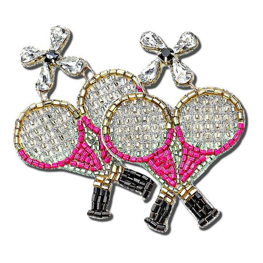 TENNIS Theme Crystal & Seed Beaded Pink Racket Earrings