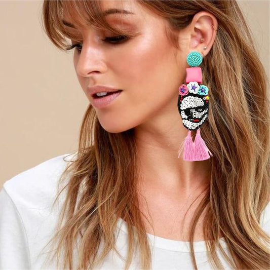 Zombie Frida Kahlo Boho Bead Tassel Pink Statement Earrings