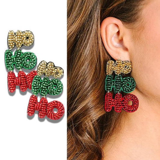 HO HO HO Sparkle Beaded Christmas Holiday Earrings