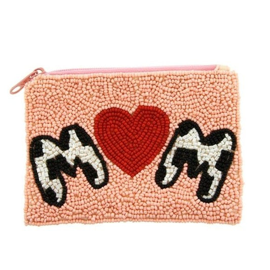 LOVE YOU MOM Cow Print Heart Beaded Coin Pouch