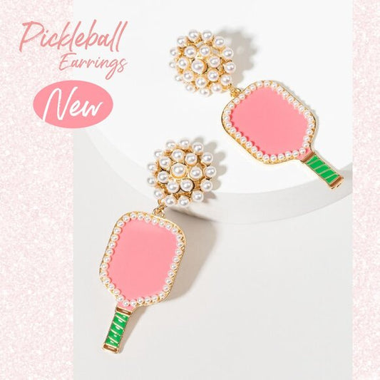 Pink Pearl Accent Pickleball Players Paddle Earrings