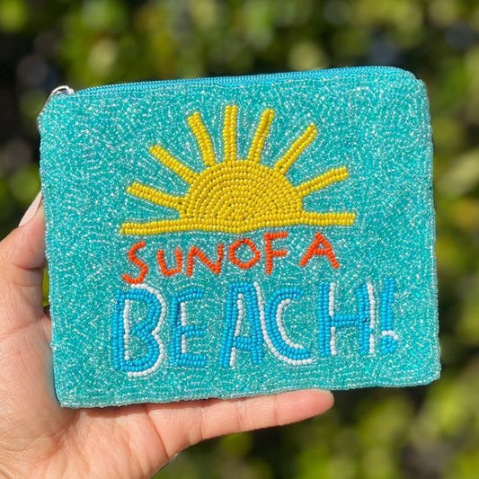 SUN OF A BEACH Message Seed Beaded Mini Pouch Bag