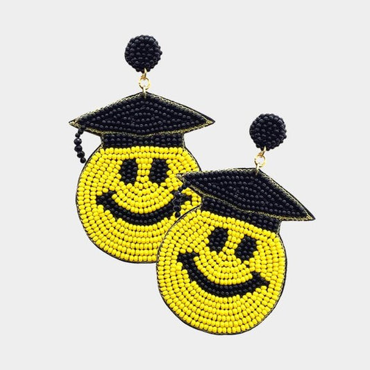 Graduation Day Beaded Smiley Face Emoji Earrings