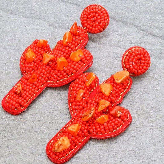 Coral Natural Stone Seed Beaded Western Cactus Earrings