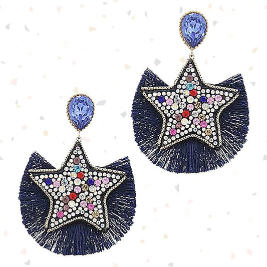 STAR Fringe Rhinestone Midnight Blue Boho Earrings