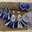 Blue Silver GAMEDAY Football Tassel Earrings