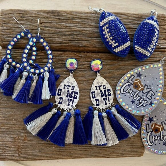 Blue Silver GAMEDAY Football Tassel Earrings