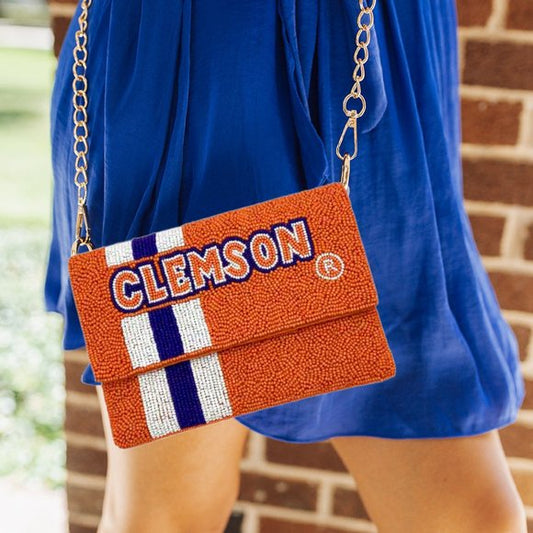 CLEMSON Football Orange Seed Beaded Crossbody Clutch Bag