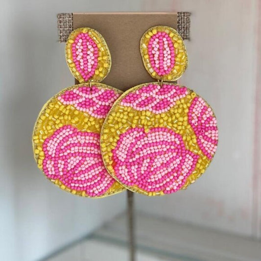 Pink Yellow Rose Garden Seed Beaded Large Statement Earrings