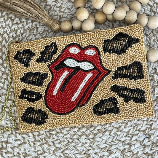 Leopard Rolling Stones Logo Beaded Wristlet Bag